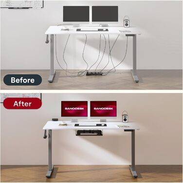 Регульований стіл Sanodesk 110x54 см – компактний стоячий стіл з аксесуарами, для маленьких приміщень, з антиколізійним захистом (білий)