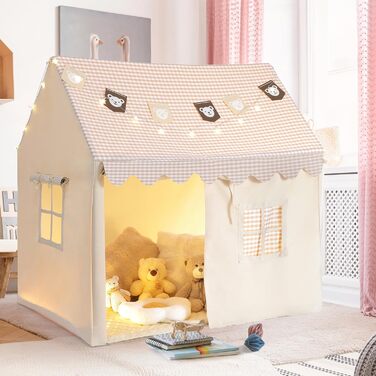 Дитячий намет Mamizо з килимком, прапорцями та світлом, зручний та дихаючий. Ігровий будиночок для дітей, намет для хлопчиків та дівчаток, 125x90x123 см, бежевий колір.