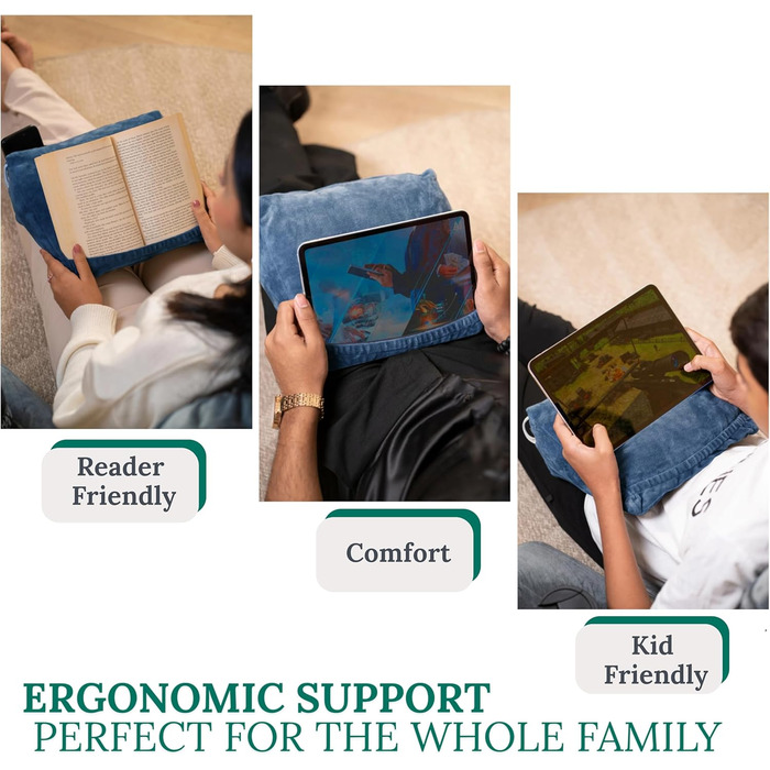 Storrejoy Велике крісло-лежак для читання з підголовником, кишенями та тримачем для книги/планшета (антрацит, блакитний)