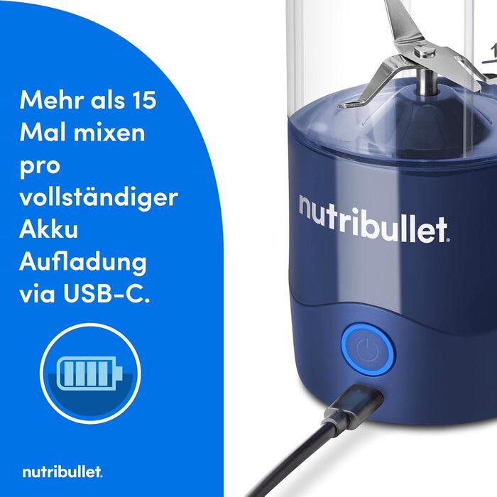 Ручний блендер nutribullet, 475 мл без бісфенолу А, портативний блендер USB-C, темно-синій, NBP003PU