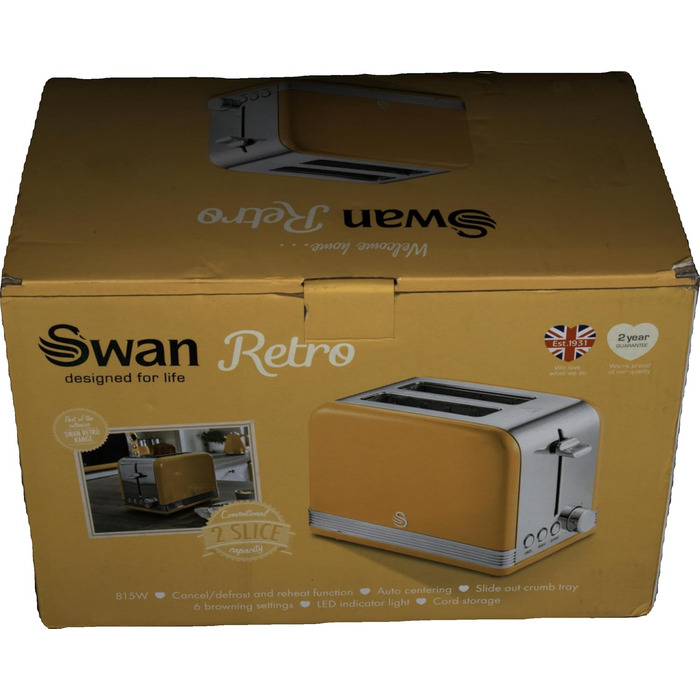 Тостер Swan Retro ST19010, 2-слотовий, широкий, 815 Вт, 6 режимів, нержавіюча сталь, жовтий, ретро-дизайн, розморожування, підігрів, скасування