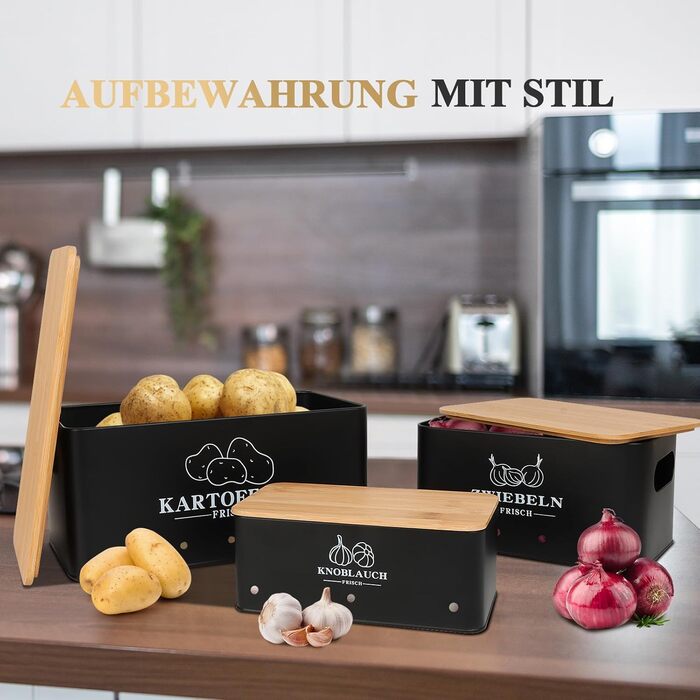 Набір контейнерів для картоплі, цибулі та часнику, 3 шт. з бамбуковим кришками, бежевий (Moz-O-PBDE02-BK)