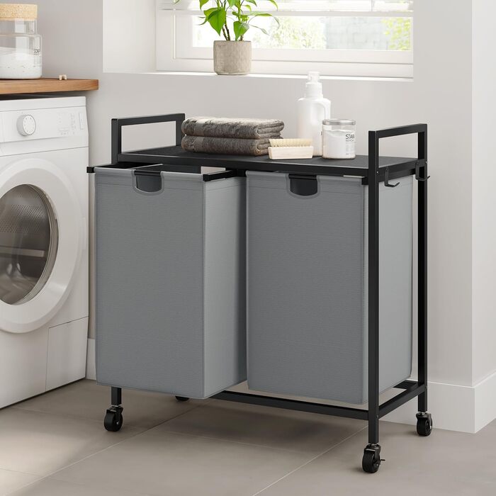 WOWLIVE Кошик для білизни з кришкою та колесами, сірий, 110л. З верхньою полицею та 2 знімними мішками для сортування