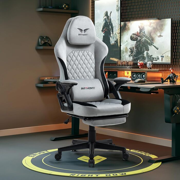 Ігровий крісло BRTHORY Ergonomic Racing з регульованою підголівником, підлокітниками та підніжкою, з тканиною, пружинним сидінням, функцією гойдання, 135°, сірий