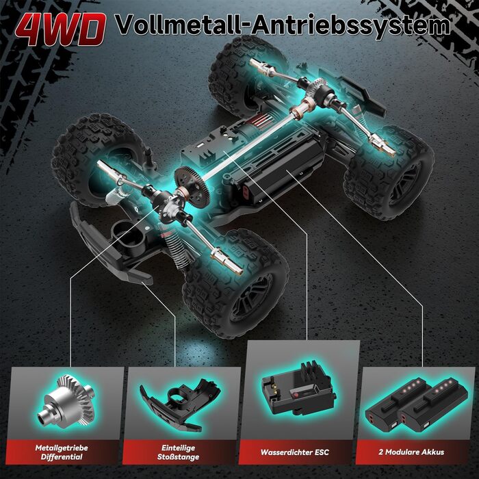 RC Автомобіль Monstertruck 1/14 4WD, 40 км/год, 2 батареї, 7 кольорів підсвічування, Водонепроникний, для дітей та дорослих, Чорний