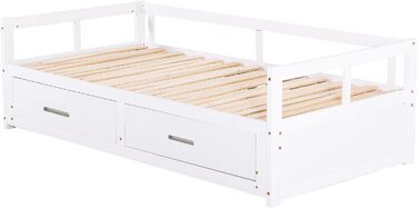 Ліжко Merax house з ящиками і полицями, дитяче ліжечко 90х200 см і 140х70см, ігрове ліжко з масиву дерева з огорожею і рейковою основою, L-подібна конструкція, для 2-х дитячих двоспальне ліжко, (біле-4)