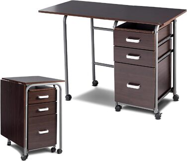 Складаний комп'ютерний стіл COSTWAY з 3 висувними ящиками та коліщатками, письмовий стіл з металевим каркасом, компактний офісний стіл, розкладний стіл для невеликих приміщень, 105 x 50 x 75 см, коричневий