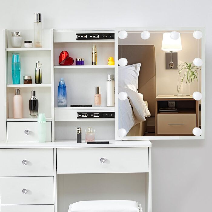 Туалетний столик зі світлом та дзеркалом, з пуфом, 6 шухляд та 6 полиць, 80x36x130 см, PE39