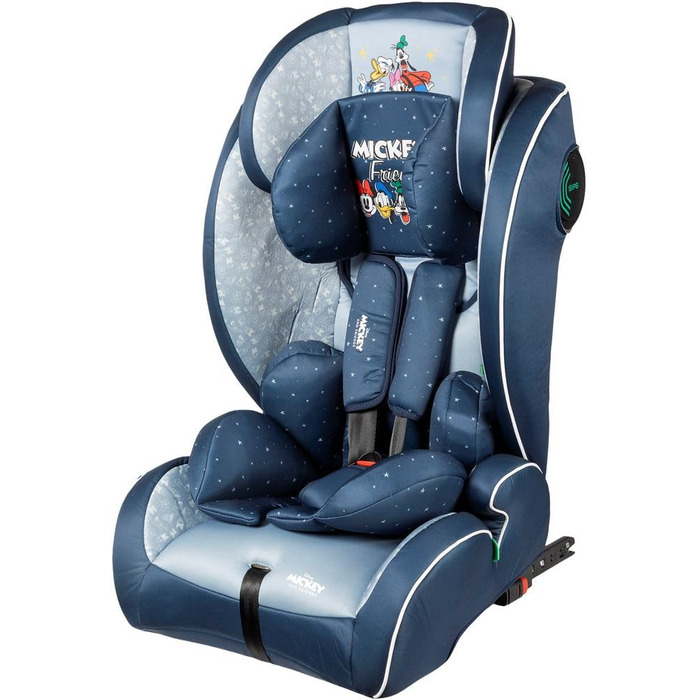 Автокрісло Disney Mickey Mouse з кріпленням ISOFIX для безпеки дитини зростом від 76 до 150 см з Міккі Маусом, Мінні Маус, Дональдом Даком, Плутоном і Гуфі на синьому тлі