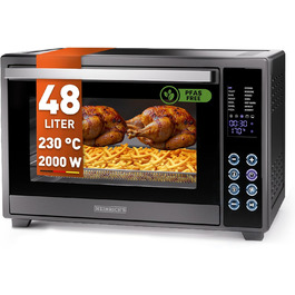 Багатофункціональна міні-піч Heinrich's з об'ємом 48л, конвекція, таймер 8год, підсвітка, 100-230°C, сенсорне керування, з аксесуарами, чорна, 2000W