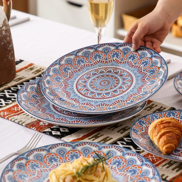 Посуд Vancasso MANDALA 16 предметів, керамічний набір для 4 осіб, розпис ручної роботи, богемський стиль (4 тарілки обідні, бірюзовий мандала)