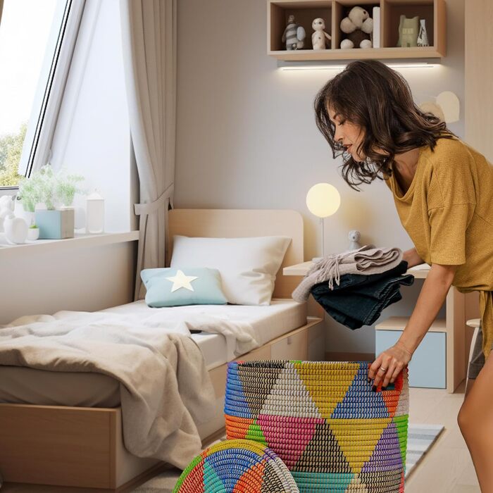 Кошик для білизни YAADU з кришкою XXL – великий контейнер для білизни, африканський кошик з трикутниками