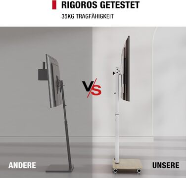 Підставка для телевізора на колесах з полицею, для телевізорів 32-65 дюймів, до 35 кг, поворотна на 90°, регульована по висоті, VESA 400x400mm (Білий+Натуральний колір)