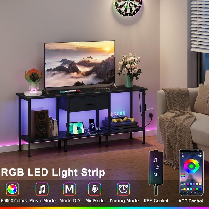 Тумба під телевізор з LED-підсвічуванням, 120 см, з розеткою та USB-портами, для телевізорів до 55 дюймів, чорна