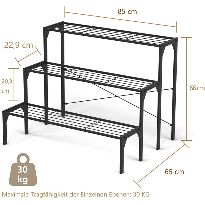 Сходи для квітів COSTWAY 3-ступінчасті, металеві, нековзкі, 70x260.5 см, чорні, для саду/балкона