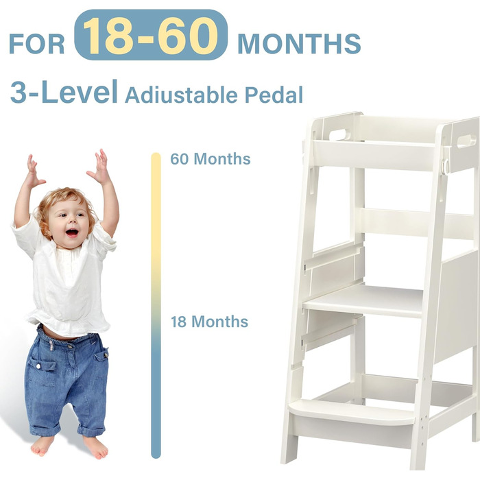 TOETOL Стілець-підставкою для малюків з бамбука, 3 положення по висоті, для кухні, ванної кімнати, антиковзаюча поверхня (слонова кістка)