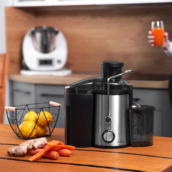 Електрична соковитискачка Lehmann: соковиті напої з овочів та фруктів, 2 швидкості, нержавіюча сталь, 1,5л контейнер для жмиху, 450мл контейнер для соку