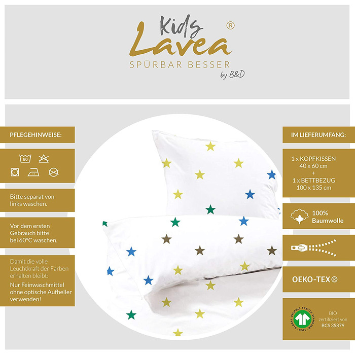 Комплект постільної білизни для малюків Lavea-Stella Kids 100 х 135 см 40 х 60 см.Дизайн Зірка колір барвистий 100 бавовна. Висока якість із застібкою-блискавкою. Сертифікований за стандартом GOTS / Bio. 100 х 135 40 х 60 см різнокольоровий
