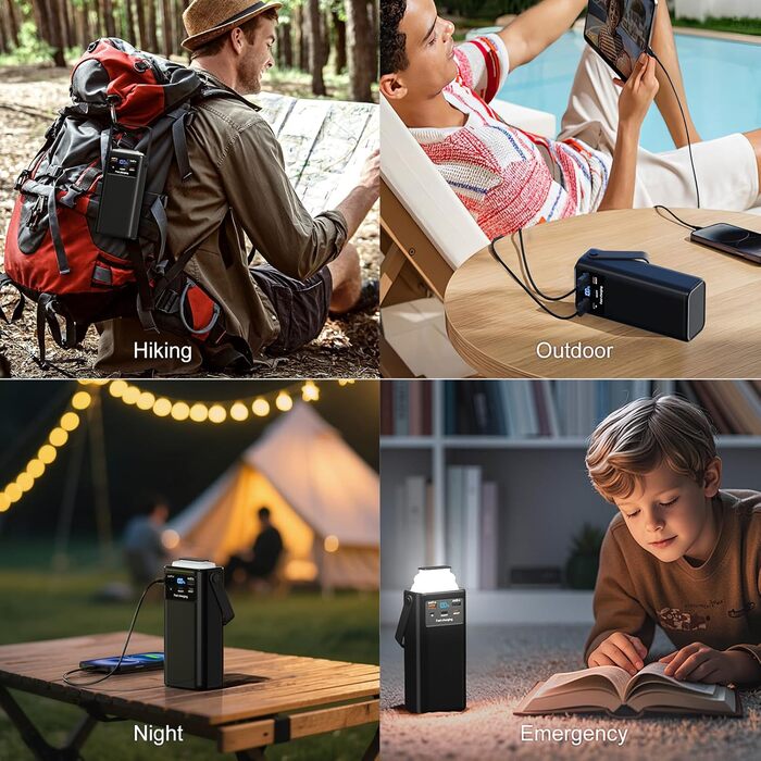 Портативний зарядний акумулятор 60000mAh 45W з LED-дисплеєм та ліхтариком, 7 виходів, чорний. Powerbank для кемпінгу та подорожей