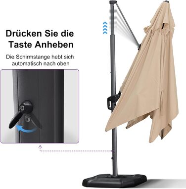 Парасолька від сонця PURPLE LEAF 350x350 см, велика садова парасолька-амбрела з рукою-користувачем, поворотом на 360° та хрестовиною, бежева, для тераси та балкона