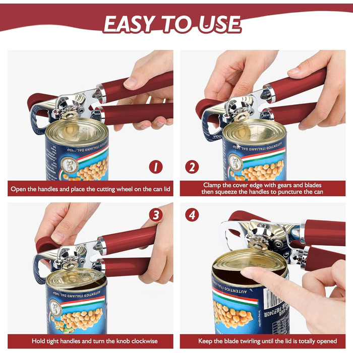 Відкривачка для консервів ручна, міцна, з гладкими краями та зручною ручкою, вбудований відкривачка для пляшок (Burgunder)