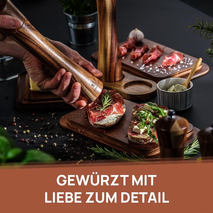 Набір для солі та перцю WALDLAND® з дерева з підставкою (21 см) | Мельниці для спецій з керамічним механізмом | Набір перчниці та солізниці