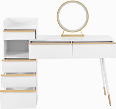 Туалетний столик Merax з дзеркалом та LED-підсвіткою, з поличкою, 6 висувних ящиків, золоті ручки, білий, 102x100x41.5 см (без табуретки)