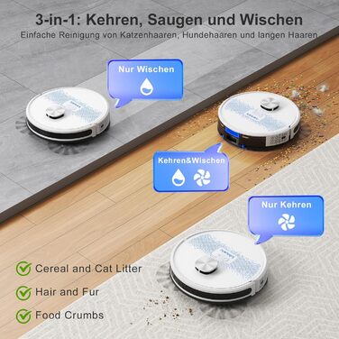 Робот-пилосос Lubluelu 3-в-1 з функцією миття, 4500Pa, лазерна навігація, 5 карт, 55dB, для твердих підлог, килимів та шерсті тварин (SL60D)