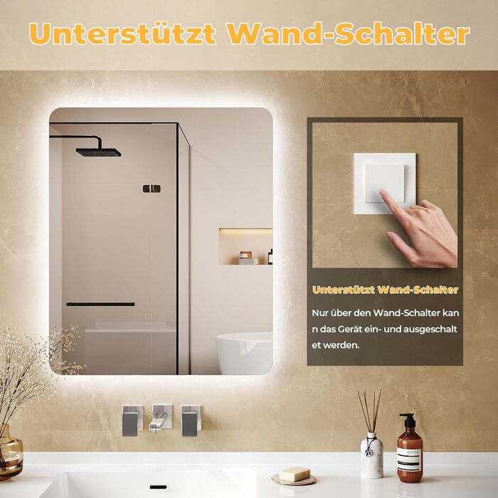 Дзеркало для ванної кімнати LOMIKEN з підсвічуванням, 60 x 50 x 3,5 см, LED, 6400K, холодний білий, енергозбереження, вертикальне/горизонтальне кріплення