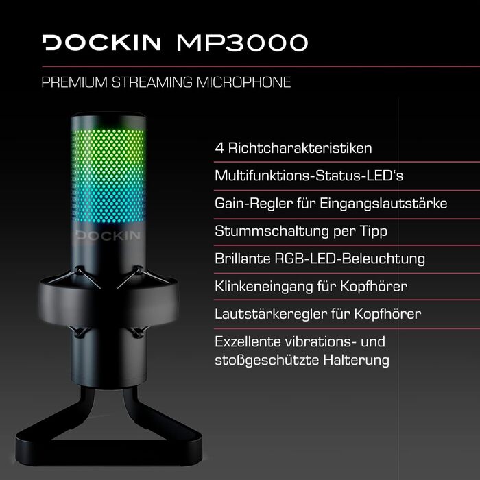 DOCKIN® MP2000: USB мікрофон-конденсатор для ПК, геймінгу, подкастів та стрімінгу. Якісний мікрофон з міцним кріпленням для запису звуку. Преміум звук (130дБ).