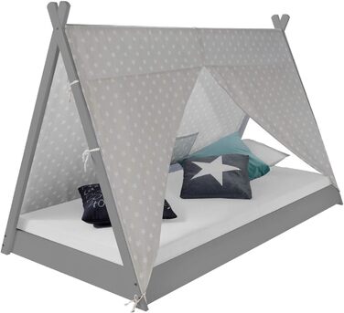 Дитяче ліжко 90х200 см, Ліжко Teepee сіро-біле, Намет Teepee з зірками, Соснове дерево, 4u 1967