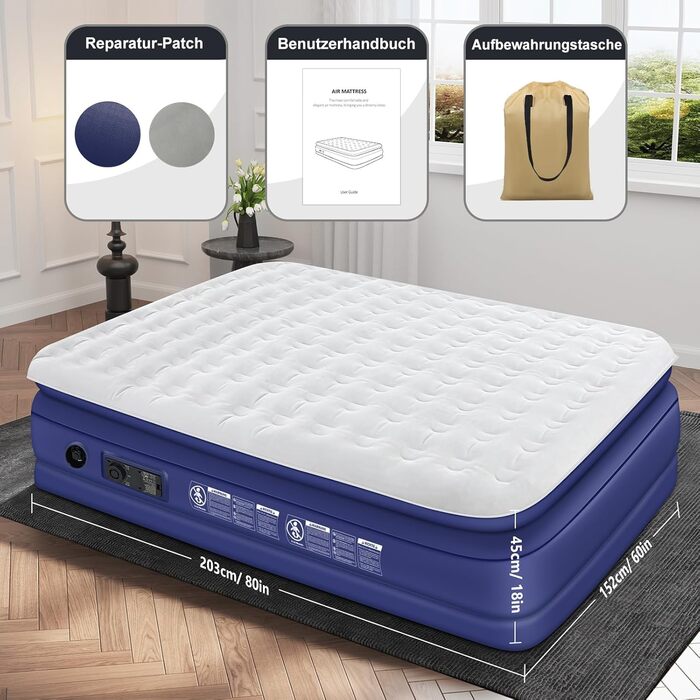 Надувна ліжко 152x203 см для 2 осіб з електричним насосом | Гостьове ліжко та для кемпінгу | Надувне ліжко блакитно-біле