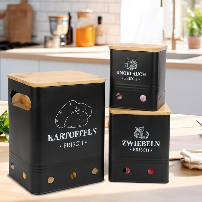 Набір контейнерів для зберігання картоплі, цибулі та часнику, 3 шт. з бамбуковим кришками, чорного кольору. Зберігає овочі свіжими довше, стійкий, складений.