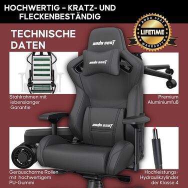 Крісло ігрове Anda Seat Kaiser 2 XL Schwarz Leder - ергономічне, з регульованими підлокітниками та подушками для голови та попереку, для дому та офісу