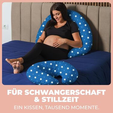 Підголівник для вагітних Stillkissen XXL 200x70см, подушка для годування та сну, балоньєра, з бавовняним чохлом, ергономічна, багатофункціональна, 100% бавовна, блакитний колір з білими зірками
