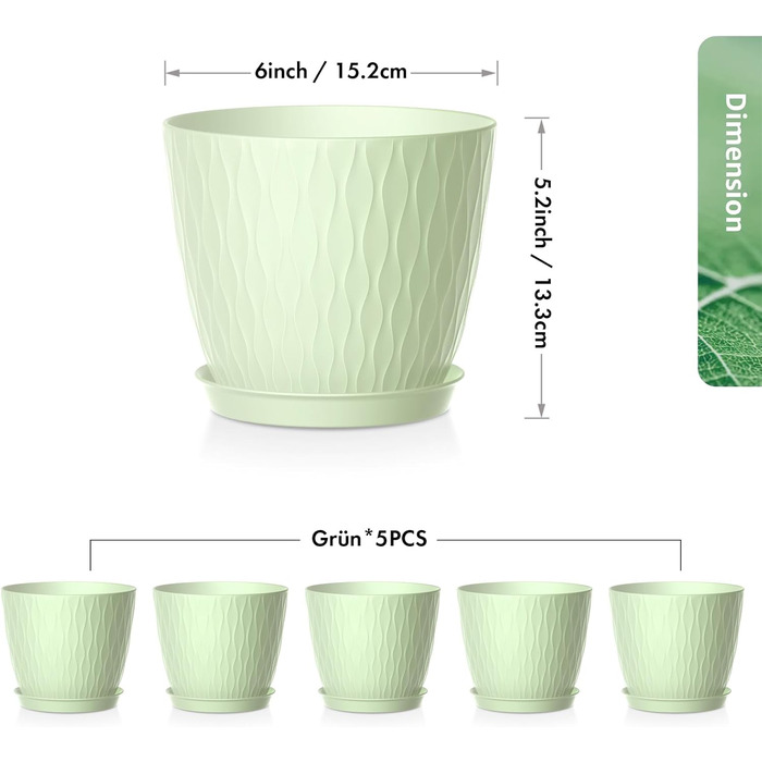 Набір горщиків для квітів з системою поливу (5 шт.), 17.8 см, з підставкою, для дому та балкону (світло-зелений)