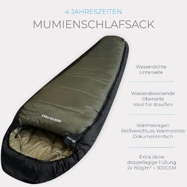 Спальний мішок Explorer Southpole XXL мумія 3-4 сезони 300GSM для дорослих, -21°C/+2°C, водонепроникний, YKK замок, 235x92x60 см, для кемпінгу та подорожей