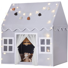 Дитячий намет Wilwolfer з килимком для малюків: Принцесин будиночок з бахромою для дівчаток та хлопчиків - Великий намет для гри в приміщенні та на вулиці (Мишачий сірий)