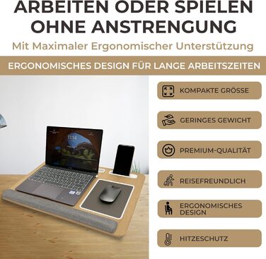 Підставка для ноутбука в ліжко та диван з подушкою, тримач для телефону та підставка для зап'ястя – підходить для ноутбуків до 17' – легка та комфортна для офісу, навчання та відпочинку (Сіра)