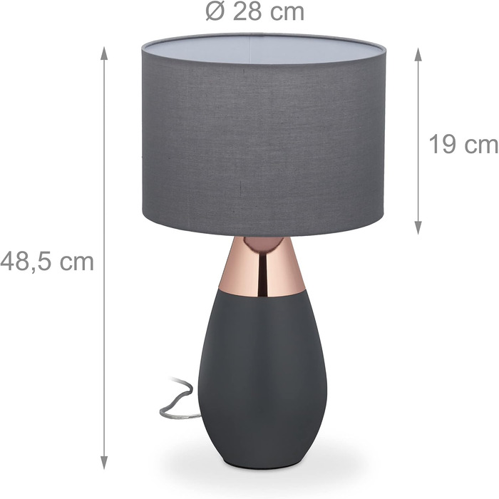 Приліжкова лампа Relaxdays з сенсорним регулюванням, 3 рівні, E14, HxD 48,5 x 28 см, сучасна, сенсорна лампа з абажуром, (сірий/мідь)