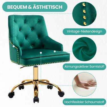 Крісло офісне Fiximaster з велюру, поворотне, з регулюванням висоти, золоті ніжки, для офісу, спальні, туалетного столика, до 135 кг (Зелений)