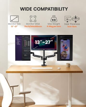 Тримач для моніторів ErGear на 3 монітори (13-27 дюймів), VESA 75/100, 2 USB, чорний