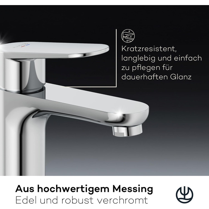 Змішувач для умивальника KLUDI-X1 низького тиску, висота виливу 95 мм, водозберігаючий, розмір M, з керамічним картриджем, хром, з 3 штуцерами (для бойлера), для ванної кімнати