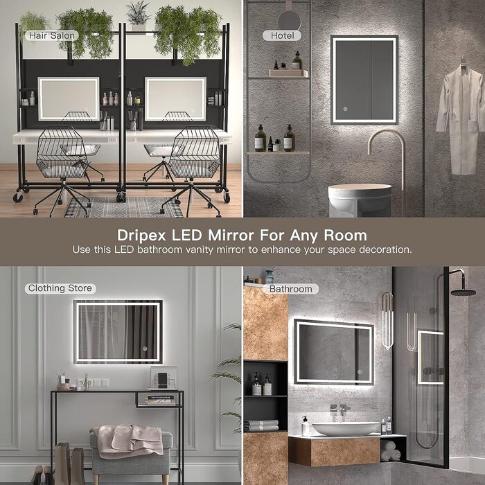 Дзеркало для ванної кімнати Dripex LED з підсвічуванням, сенсорна кнопка, протизапітніння, 6400K, енергозбереження, 50x70 см