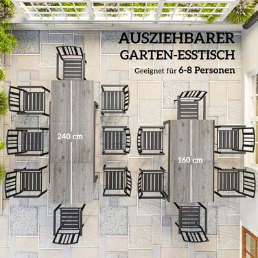 Розсувний обідній стіл Outsunny Garden Table на 6-8 персон, 160/240 x 90 см Алюмінієвий балконний стіл з дерев'яним виглядом Стійкий до погодних умов стіл для патіо Відкритий фуршетний стіл для саду, патіо Балкон сірий