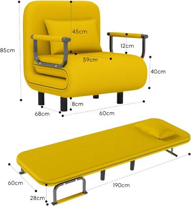 Крісло-ліжко Fabulcozy для односпального ліжка, розкладне, для дорослих, з металевим каркасом, сірого кольору (лимонно-жовтий), 60 x 68 x 85 см
