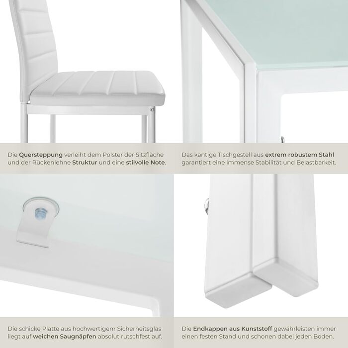 Набір меблів для кухні tectake: стіл та 4 стільці, білий колір, стільниця з безпечного скла, стільці з міцної екошкіри