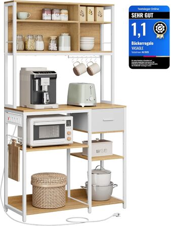 Полиця кухонна VASAGLE з розетками, підлогова, 40 x 100 x 180,4 см, полиця для випічки, регульовані полиці, тканинний ящик, 12 гачків, для кухні, антрацитово-чорний, KKS027B02