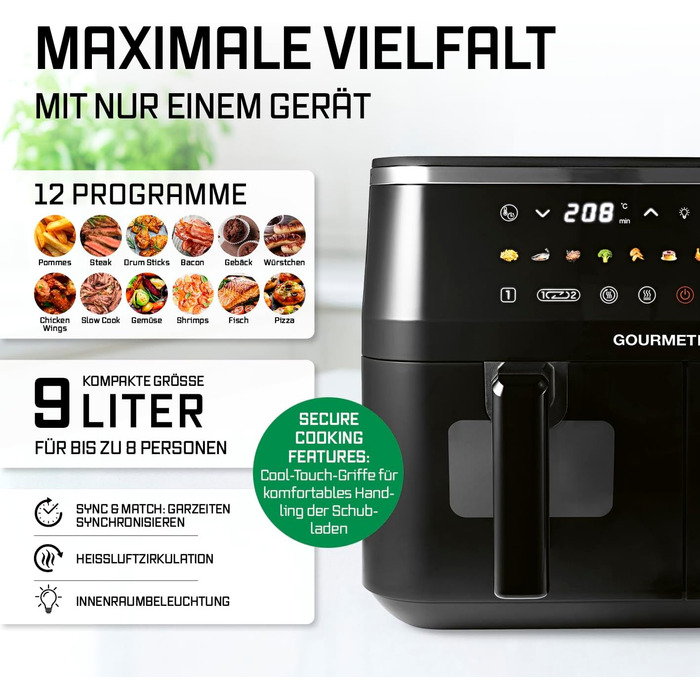 Фритюрниця повітряна GOURMETmaxx з 2 камерами | Об'єм 10л | Вертикальна, з сенсорним дисплеєм