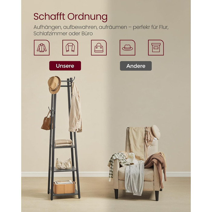 Навісна вішалка для одягу VASAGLE LCR080W09, 8 гачків, 4 полиці, металевий каркас, для шарів, курток, сумок, золо дуб + хмаринний білий